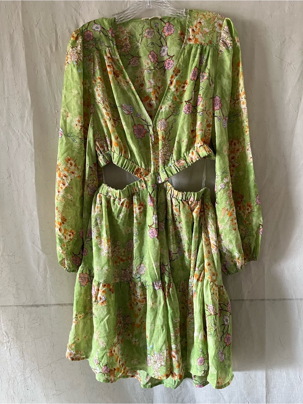 entro Green Floral Cutout Long Sleeve Mini Dress with Pink Accents
